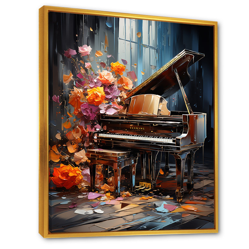 Floral Floral Magic Melody I - Piano, art mural, Cadre flottant doré, H 20 po x l 12 po x P 1 po