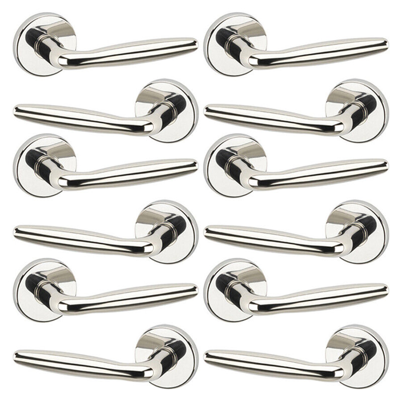 6x Urfic Rouen Metal Lever Latch Door Handles Set Rose Internal & External, Polished Nickel Rose