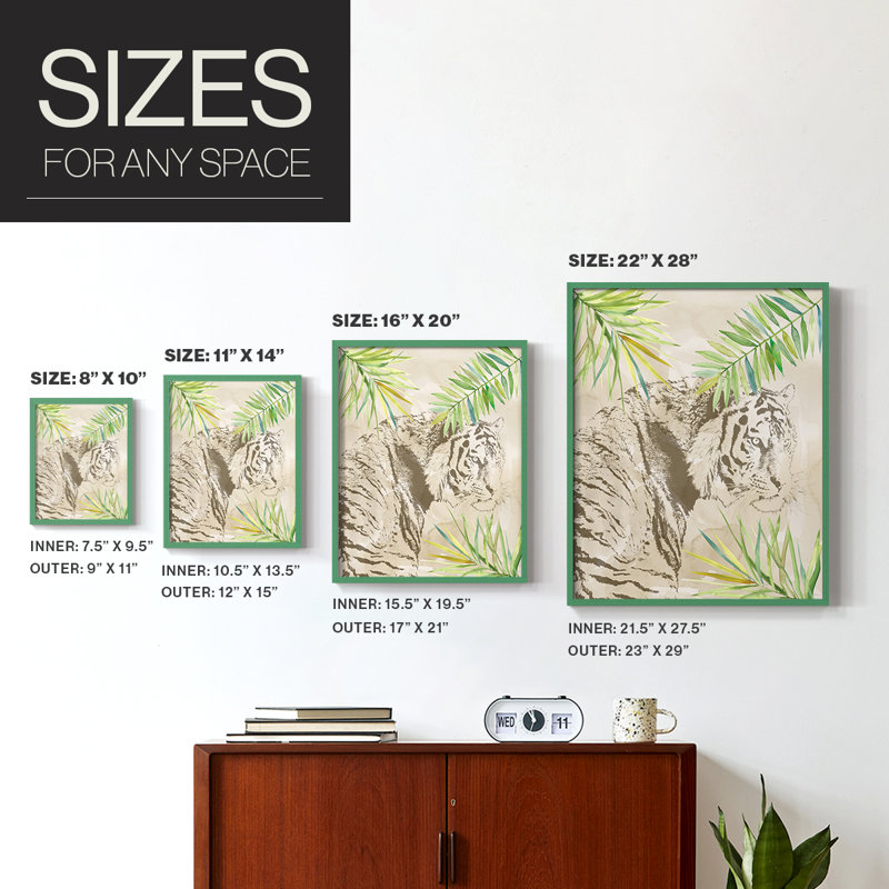 Boho Jungle Cat I, reproduction encadrée - bois massif, 11" H x 9" W, Vert