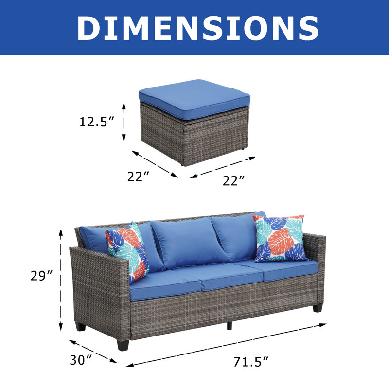 Canapé d'extérieur en rotin 3 pièces Gdy, Coussin bleu marine