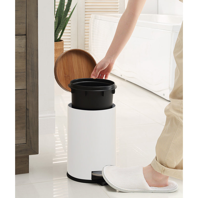 Poubelle ronde avec couvercle en bambou - noir, Blanc