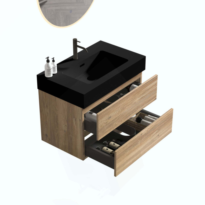Meuble-lavabo de salle de bain avec lavabo à quartz d'ingénierie et tiroirs souples, meuble-lavabo mural flottant pour salle de bain moderne, lavabo une pièce sans drain ni robinet
