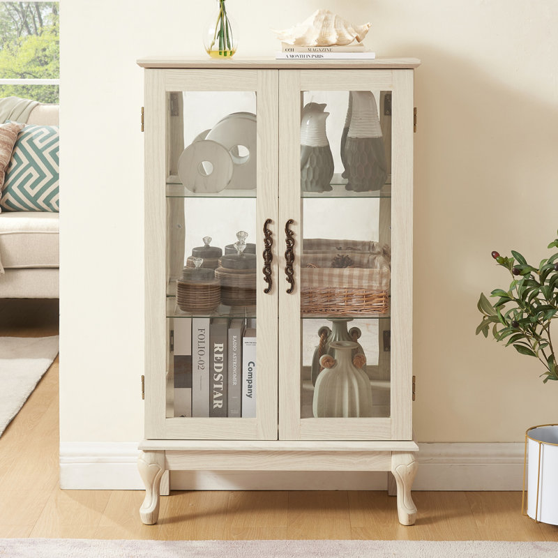 Vitrine 2 portes avec verre trempé, dossier en miroir, tablettes réglables et éclairage intégré pour un affichage élégant