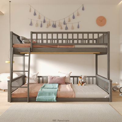 Full XL over Queen Bunk Bed with Ladder & Guardrails | Gray