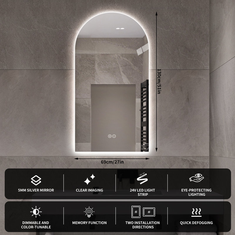 51" x 27" Arch Frameless LED Backlit Bathroom Mirror, 3 Color Dimmable Light, Anti-Fog, Touch Control, Wall Mounted Vanity Mirror