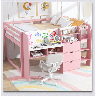 Low Loft Bed With Built-In Desk,Storage Cabinets And Open Bookcaseboard For Graffiti