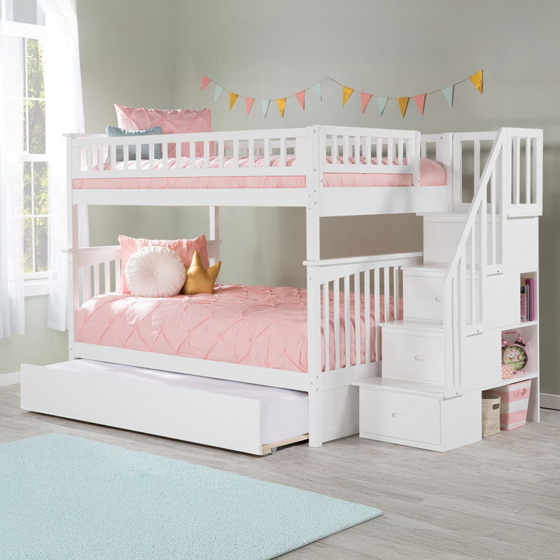 Blaisdell Solid Wood Staircase Kids Bunk Bed with Roll Out Trundle, Full Over Full, White