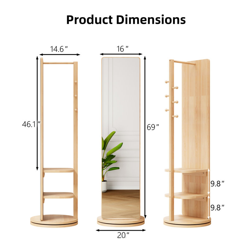 Miroir multi-fonctions pivotant à 360 ° de 69 po x 16 po avec crochets, idéal pour les chambres à coucher / salons / garde-robes de style compact (finition en bois naturel)