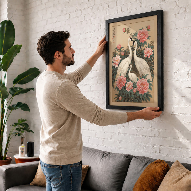 Cranes Among Peonies Japandi - Framed Print, Unframed, A4 - 29.7 x 21.0 cm