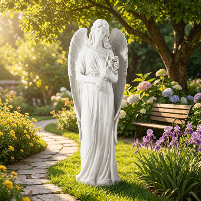 45'' Large Outdoor Statues, Garden Angel Holding Flowers, Sculpture Decor for Patio, Yard and Home, White