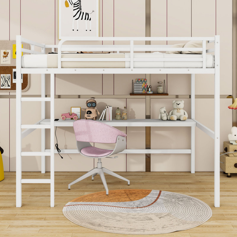 Metal Queen Loft Bed With Desk, Charging Station And LED Lights, White