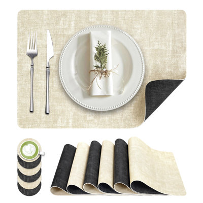 Ensemble de 6 napperons, ensemble de napperons en similicuir essuyables résistants à la chaleur, tapis de table lavables double face avec sous-verre, convenant pour la cuisine, la salle à manger et la décoration de table (6, beige noir)