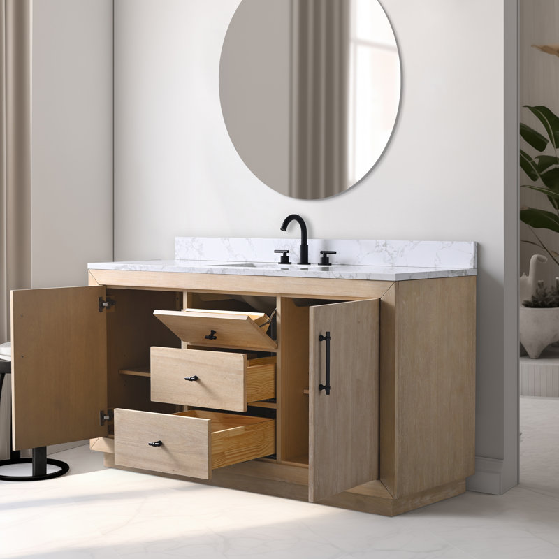 Ensemble de meuble-lavabo sur pied 60 po avec plateau en marbre d'ingénierie Avignon, Blanc Arabescato, Blé clair, 60"
