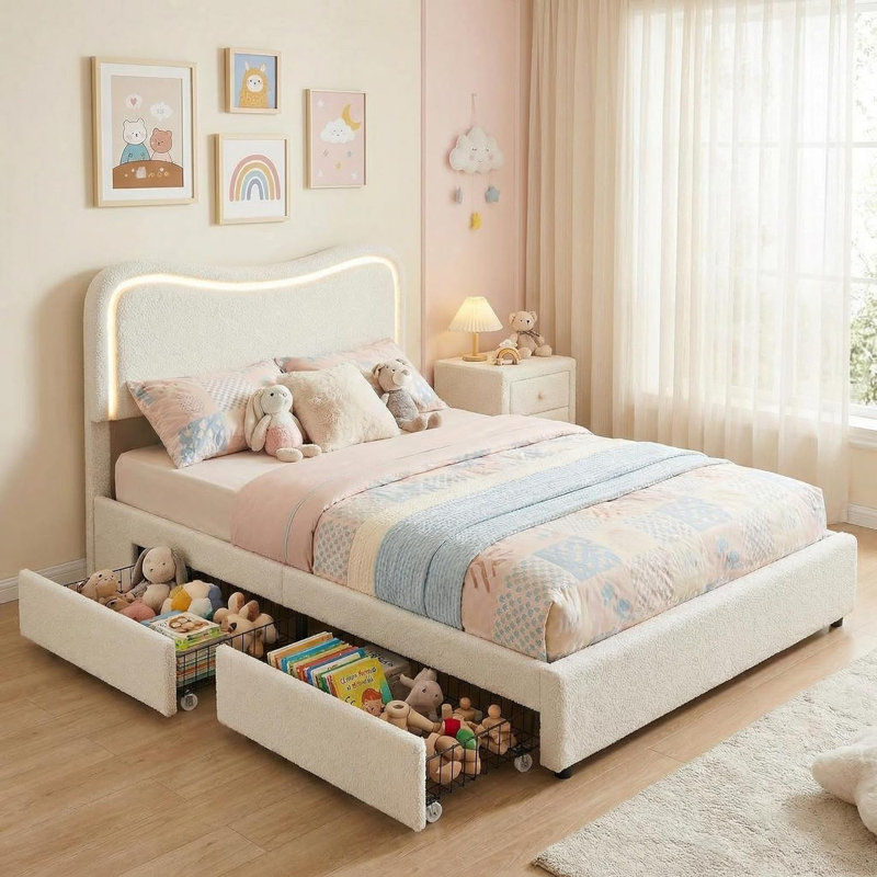 Cadre de lit simple avec 2 tiroirs et tête de lit à DEL Boucle, lit plateforme tapissier, blanc, Beige, Lit simple