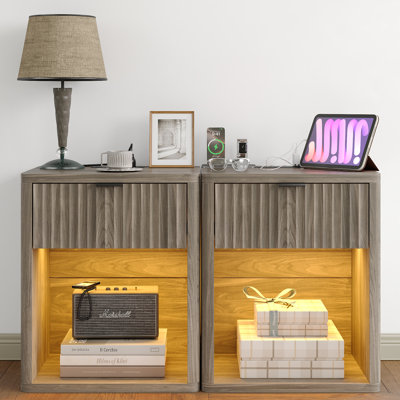 Night Stand Set Of 2, Nightstands With Drawer Storage Fluted, Bedside Table With Power Outlet, Wood Wide Bedside Stand With Lights For Bedroom Living by Ivy Bronx