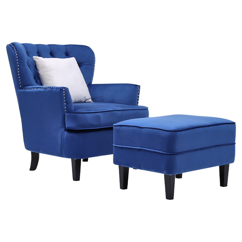 Medaryville Velvet Wingback Chair with Footstool, Blue