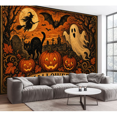 Wall Mural Peel and Stick Wallpaper Vintage Halloween Ghost Witch Bats Black Cat Pumpkins Gothic Orange Self-Adhesive Removable Contact Paper Wall Decor for Living Room Bedroom 100"H x 144"W