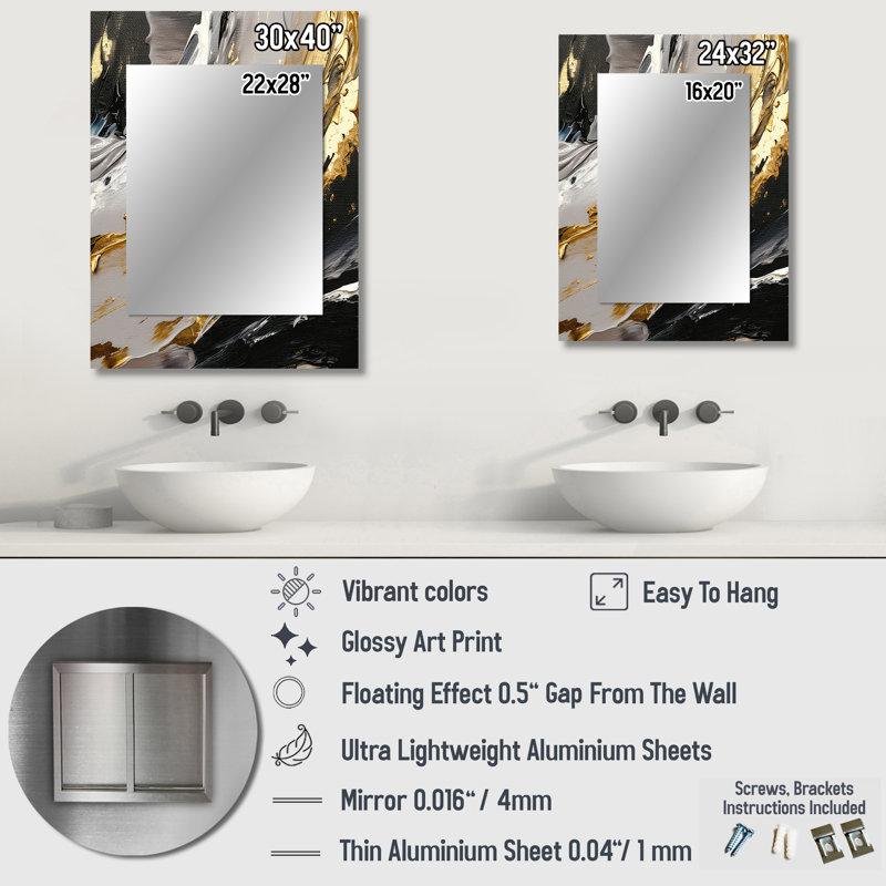 Dreams Of Abundance Black And Gold I - Abstract Painting Mirror, Modern Decorative Wall Mirror, Printed Metal Art, 40" x 30"