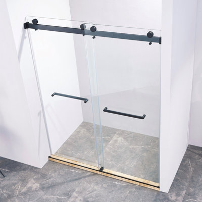 Porte de douche coulissante double sans cadre l 56 à 60 po x H 75 po, acier inoxydable 304 en noir mat, verre trempé clair de 5/16 po (8 mm) de large épaisseur.