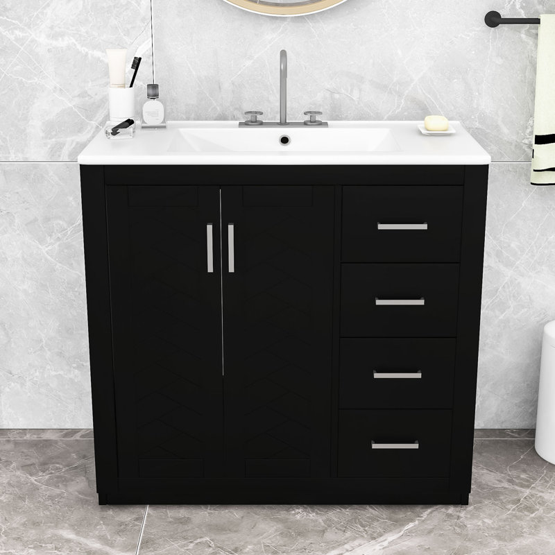 Bathroom Vanity with Ceramic Sink, 3 Drawers and Soft-Closing Doors Cabinet, Black