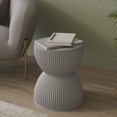 Teryl 15" Fiberstone Round Side Table with Ribbed Hourglass Design – Indoor Outdoor Accent End Table for Patio, Living Room, or Bedroom by Ivy Bronx