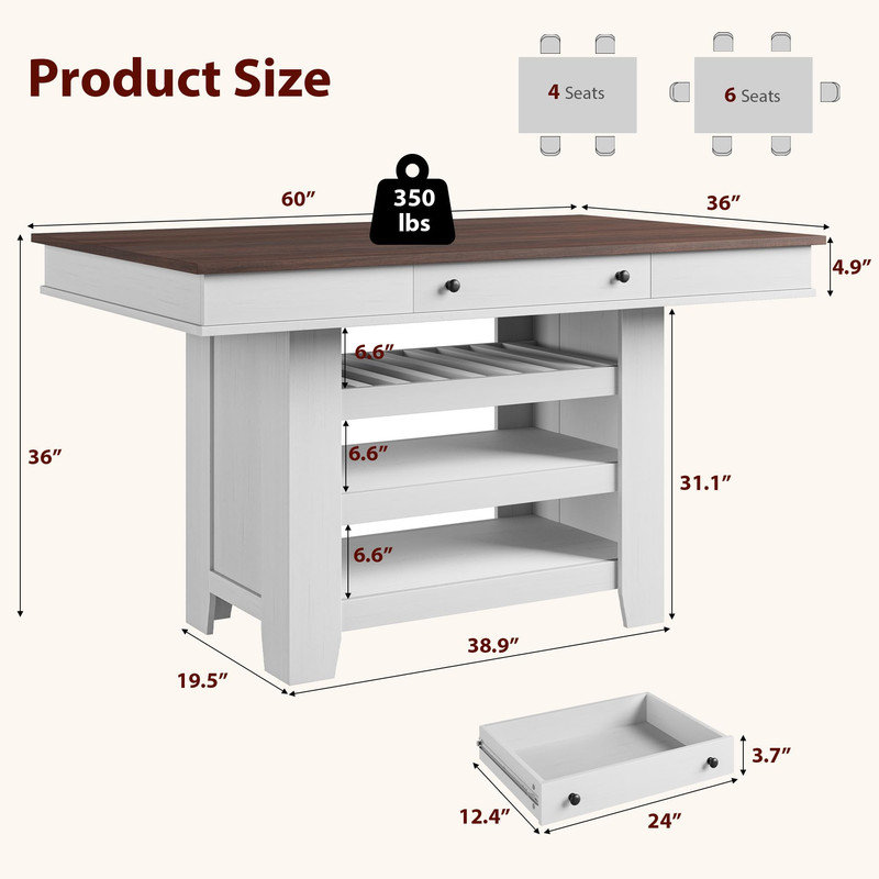 Counter Height Dining Table for 4-6, Wood Bar Height Tall Kitchen Table with Deepened Wine Rack & 2 Drawer & Shelves, Thick Large Table Top for Kitchen, Bar, Heavy Duty