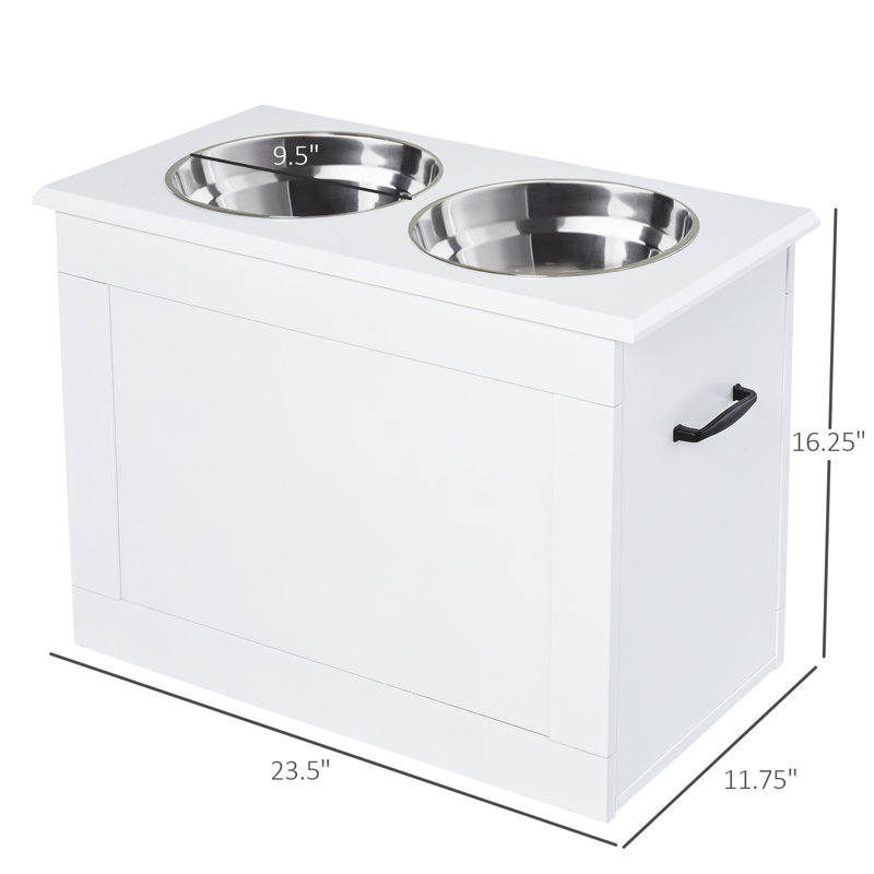 White Elevated Pet Feeder with Stainless Steel Bowls and Storage