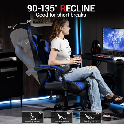 Bosmiller Ergonomic Reclining Gaming Chair with Linkage Armrests & Footrest, High-Back Racing Office Chair, Breathable PU Leather Computer Desk Chair with Lumbar Support, Blue
