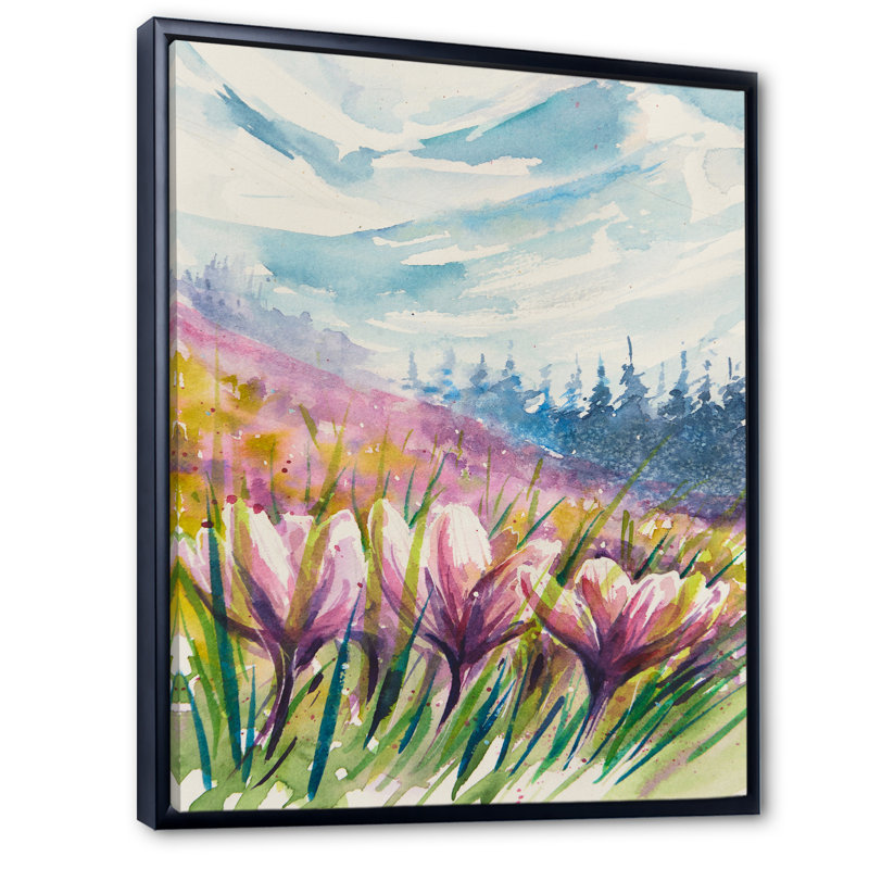 «Crocuses Meadow In Abstract Mountains», art mural traditionnel sur toile, H 40 po x l 30 po x P 1,5 po