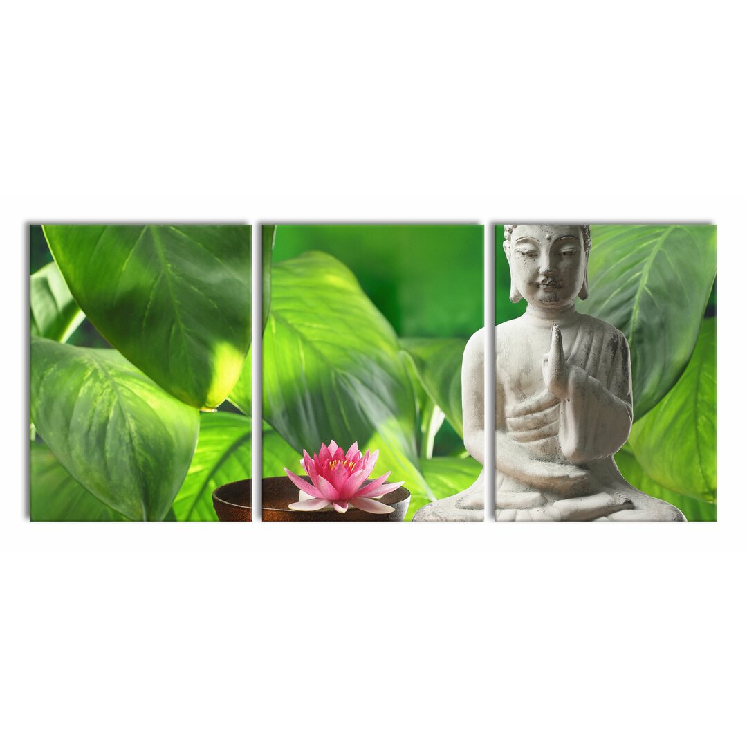 3-tlg. Leinwandbilder-Set Seerose Buddha Statue