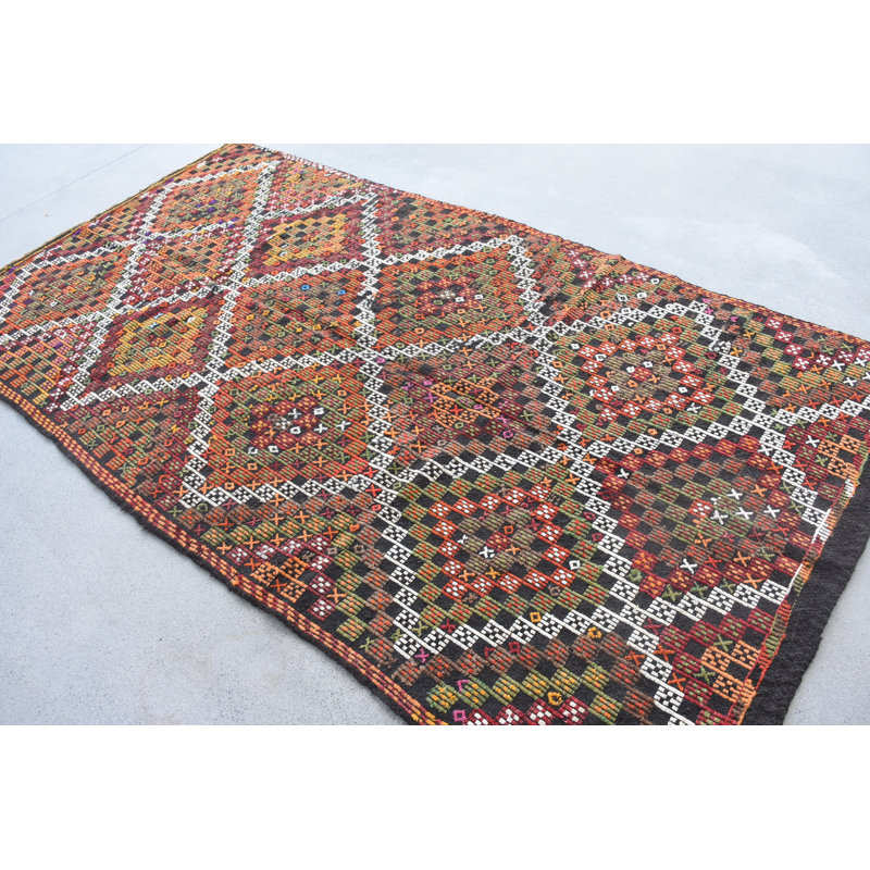 Tapis kilim en laine rouge, motif patchwork 63,4 x 116,5 pouces