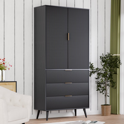 George Oliver 71" Tall Storage Cabinet, Accent Cabinet With Adjustable Shelves & Fluted Panel Design, Cupboard With 3 Drawers 2 Doors, Storage Cabinet by George Oliver