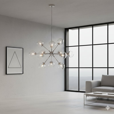 Twelve-Light Chandelier Using Oversized Spherical Bulbs.