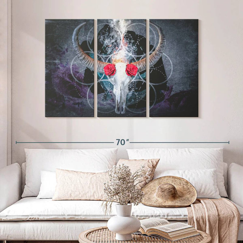 Hitzel Bull Skull Roses, 32" H x 50" W