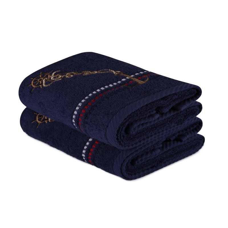 Ensemble de serviettes luxueuses 100% coton, 19,7 po x 35,4 po | 450 g / m², motif brodé | Bleu foncé et rouge avec accents blancs et beiges | Lavable à la machine, doux et absorbant pour la maison ou le spa