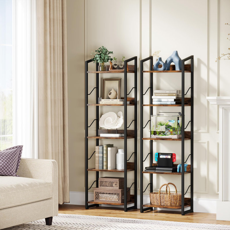 5 Tier Narrow Bookshelf Tall Bookcase With Edge Protection, Rustic Brown