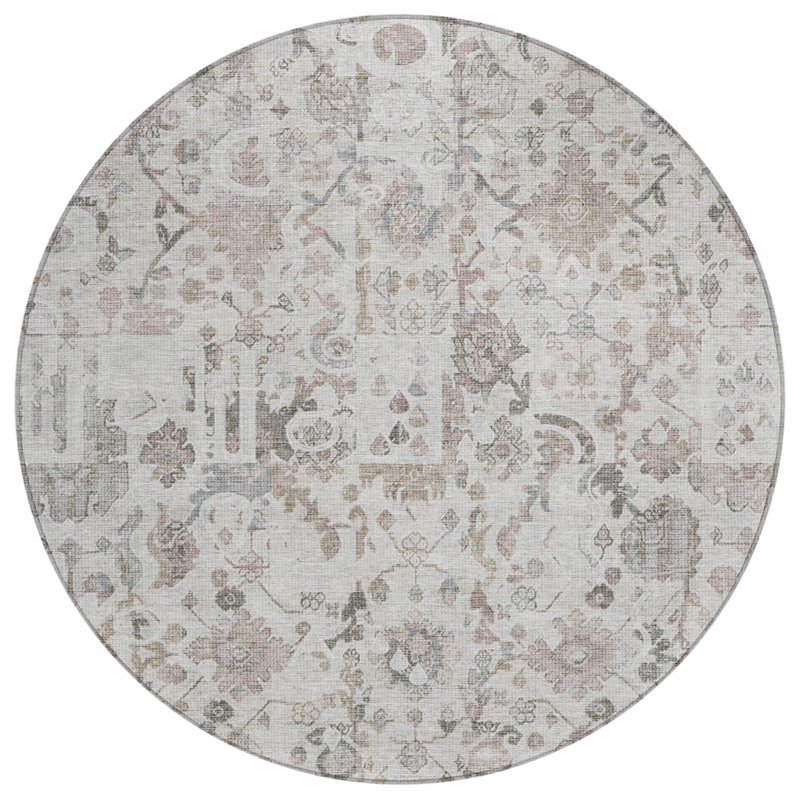 Machine Washable Indoor/Outdoor Xhevrie Taupe Rug, Round 8'