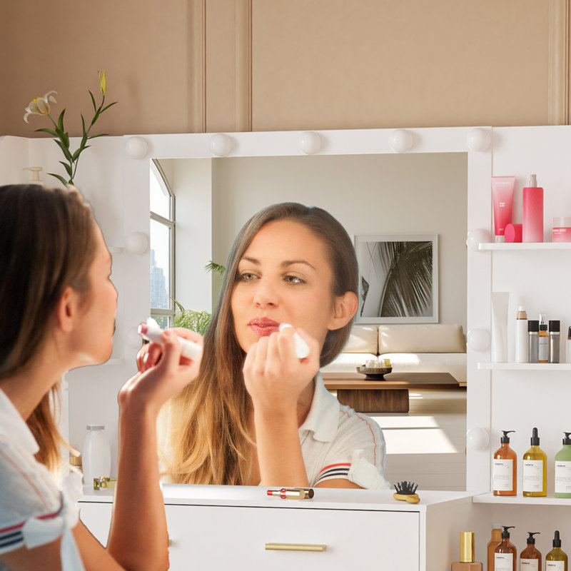 Table de coiffeuse à maquillage avec grand miroir et lumières, coiffeuse blanche avec 7 tiroirs et 6 tablettes pour femmes
