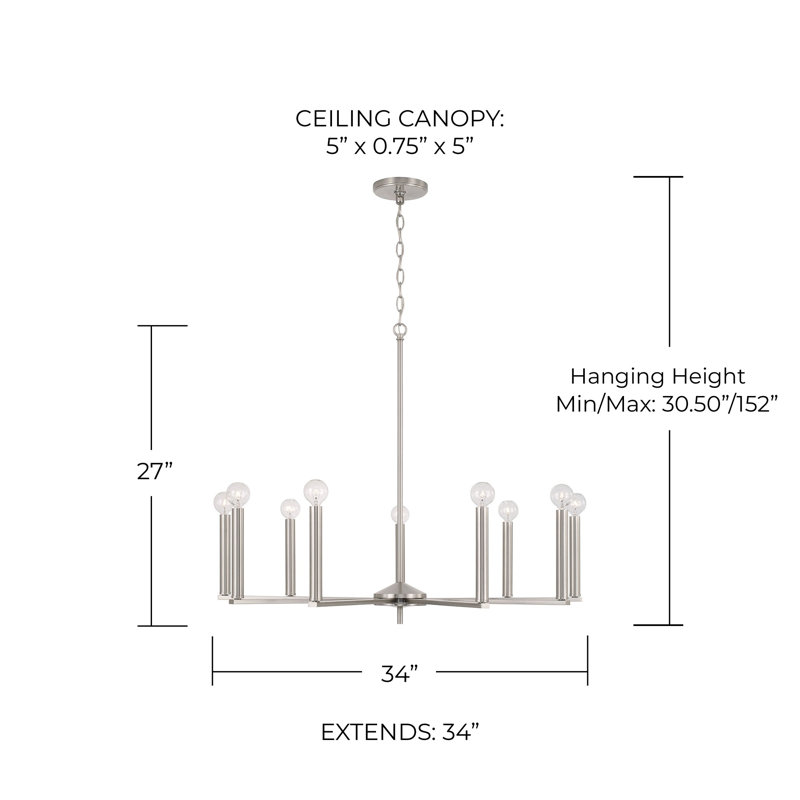 9 - Light Dimmable Modern Linear Chandelier, Brushed Nickel