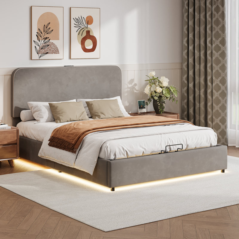 Lit plateforme de rangement hydraulique rembourré avec plateforme, lit de rangement relevable avec lumière DEL RVB, haut-parleur Bluetooth, aucun sommier nécessaire, velours litchi,