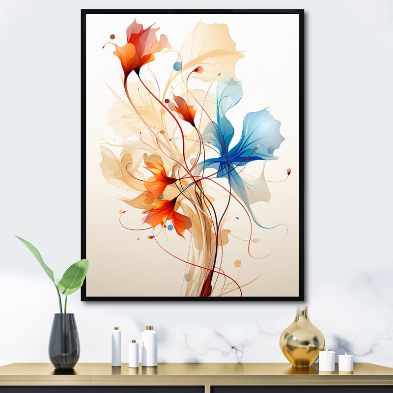 Aquarelle florale moderne en orange et bleu, H 32 po x l 16 po x P 1 po, Cadre flottant noir