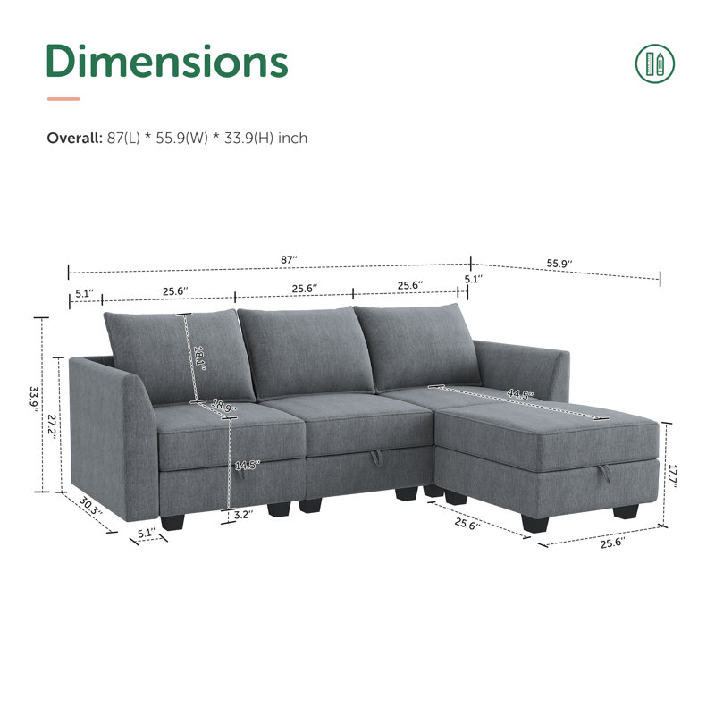 Manusite L-Shaped Modular Upholstered Sectional with Storage, Bluish Gray 100% Polyester