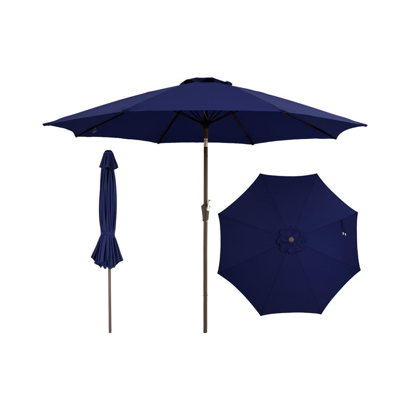 9FT Outdoor Patio Umbrella, Patio/Market Table, Push Button Tilt & Crank, 8 Ribs, for Deck & Pool, Dark Green, Blue