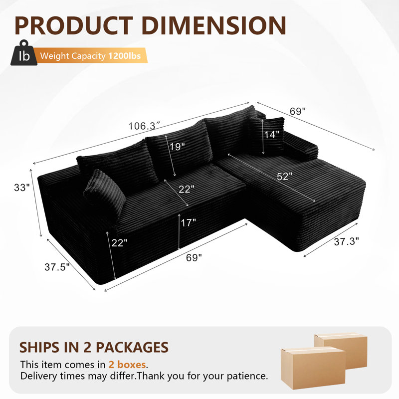 Canapé d'angle en L sans ossature et à compression de 270 cm (106,5 po), avec méridienne à droite, noir, Velours côtelé noir