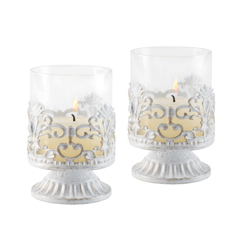 2 Piece Glass Metal Candlestick Set, White