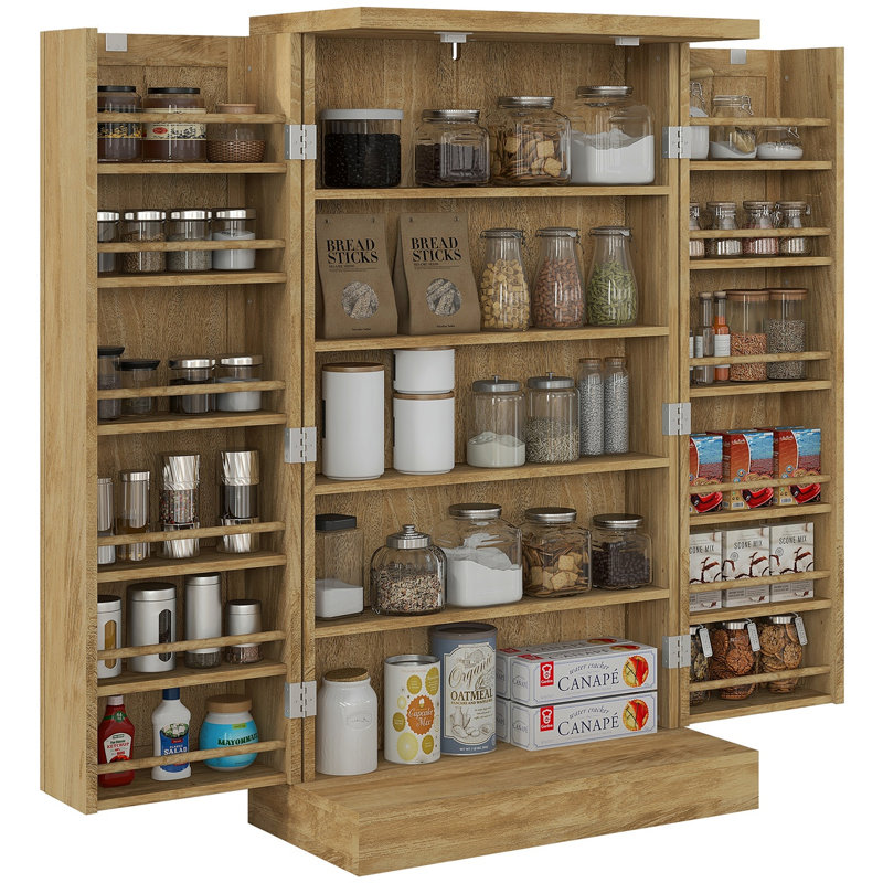 HOMCOM 41" Kitchen Pantry Storage Cabinet, Freestanding Kitchen Cabinet With 12 Door Shelves, Double Doors, 5-Tier Shelving And Adjustable Shelves, Natural