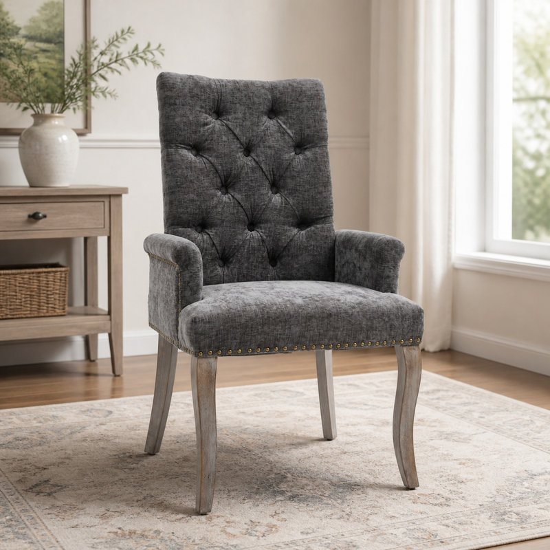 Chaise rembourrée capitonnée avec accoudoirs en chenille et pieds en bois massif, gris, Gris