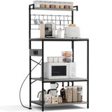 Kitchen Bakers Rack with Power Outlet, Small Microwave Stand with Adjustable Storage Shelves, Coffee Bar Table with 5 Hooks, 4 Tiers Kitchen Coffee Stand Station for Small Space