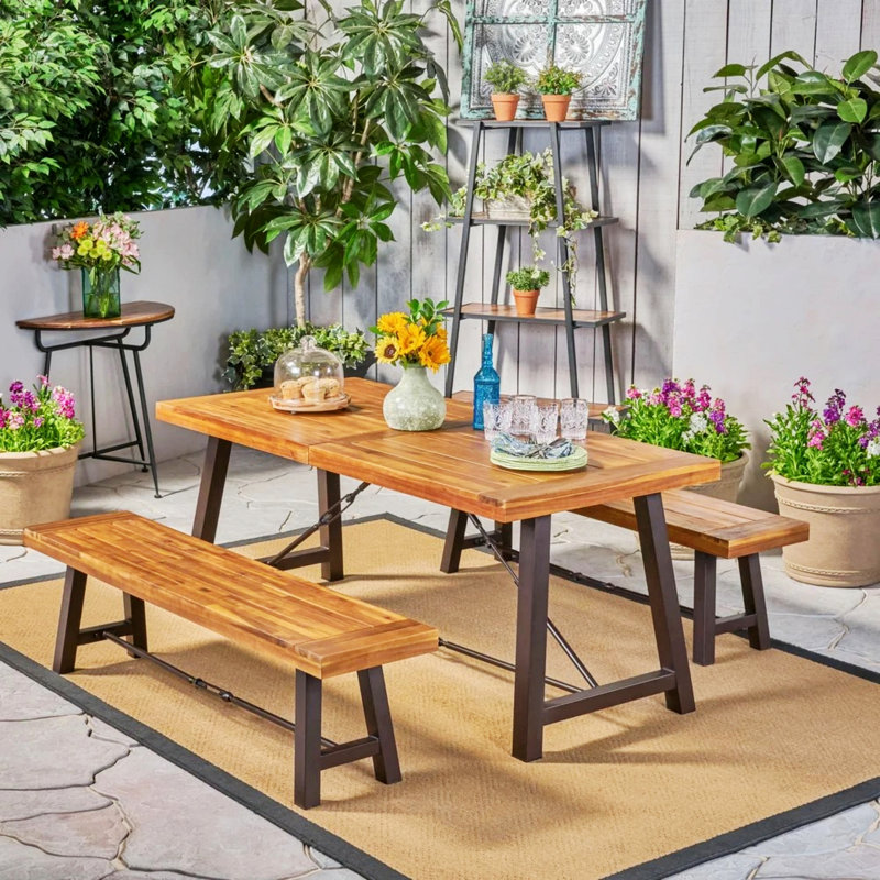 3 Piece Patio Wood Dining Set With  Benches