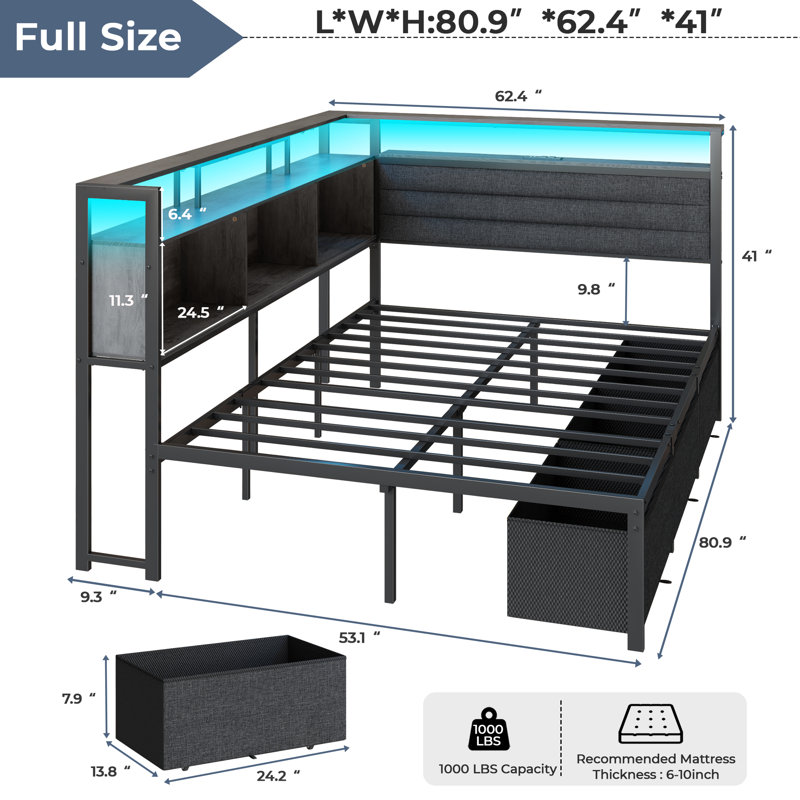 Corner Bed Frame with 3 Drawers and Storage Bookcase, Daybed with Charging Station and LED Lights, Gray,  Full/Double